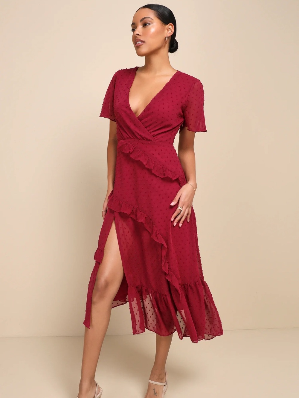Lulus Next To You Plum Swiss Dot Ruffled Midi Dress